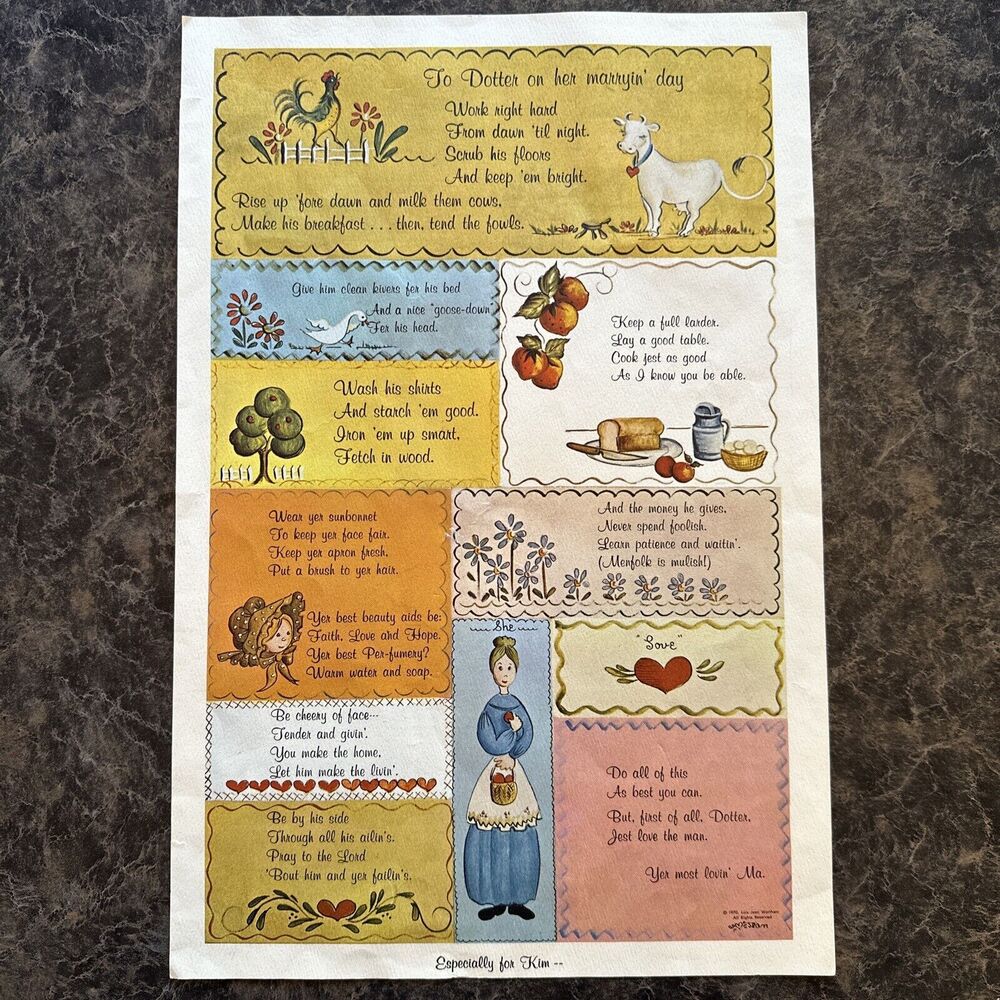 Vintage Farmhouse Country Picture "To Dotter On Her Marryin Day" Black Frame